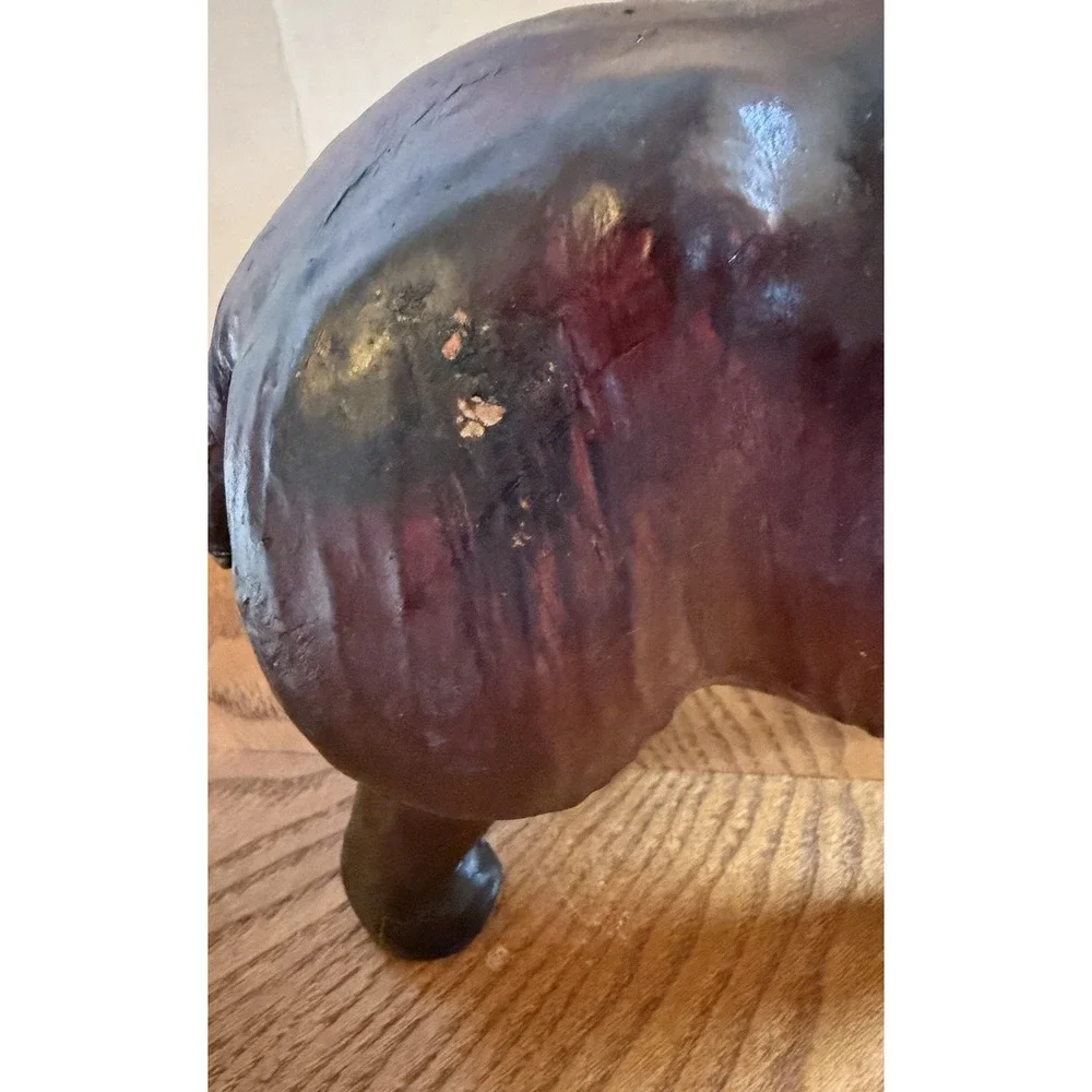 Vintage Leather Wrapped Hippo Hippopotamus Figure Red Eye 12x10x4 Decor